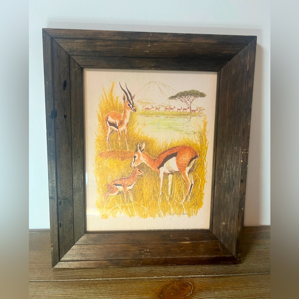 70’s Gloria Eriksen Antelope Family Watercolor Print Professional Wood Framed